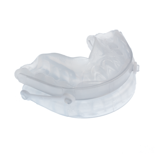 Moulded Tomed SomnoGuard® SP Soft mandibular advancement device, fitted to the user’s bite.