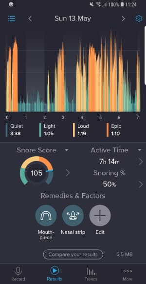 Snore score of 105 when using Generic Mouthpiece (Blue Tab) and nasal strips