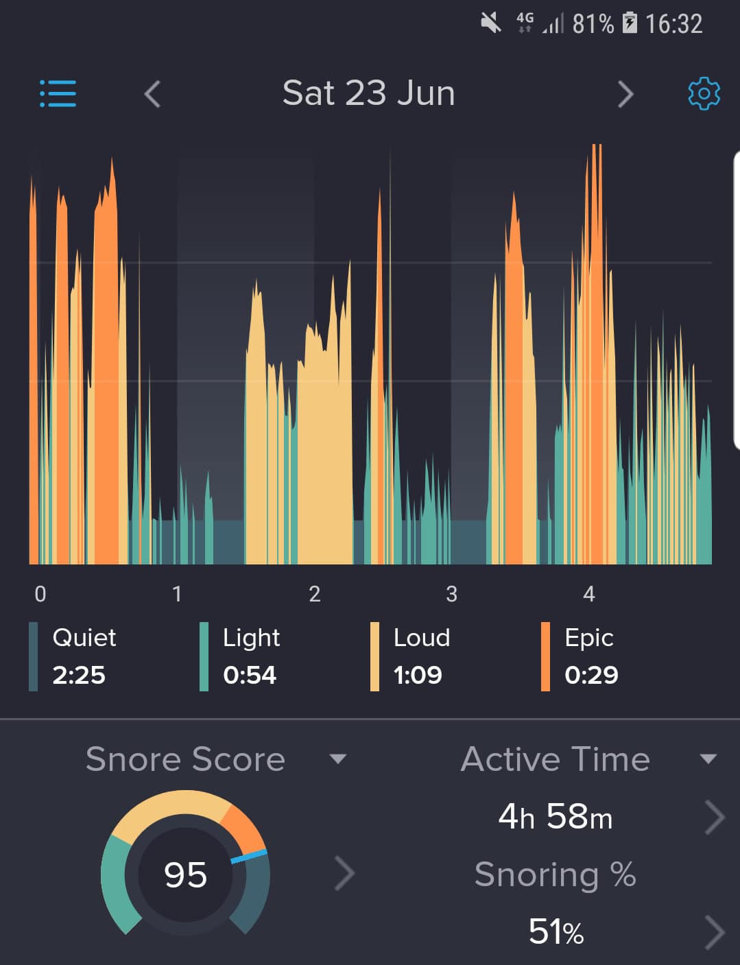 Snore score chart showing 95 score