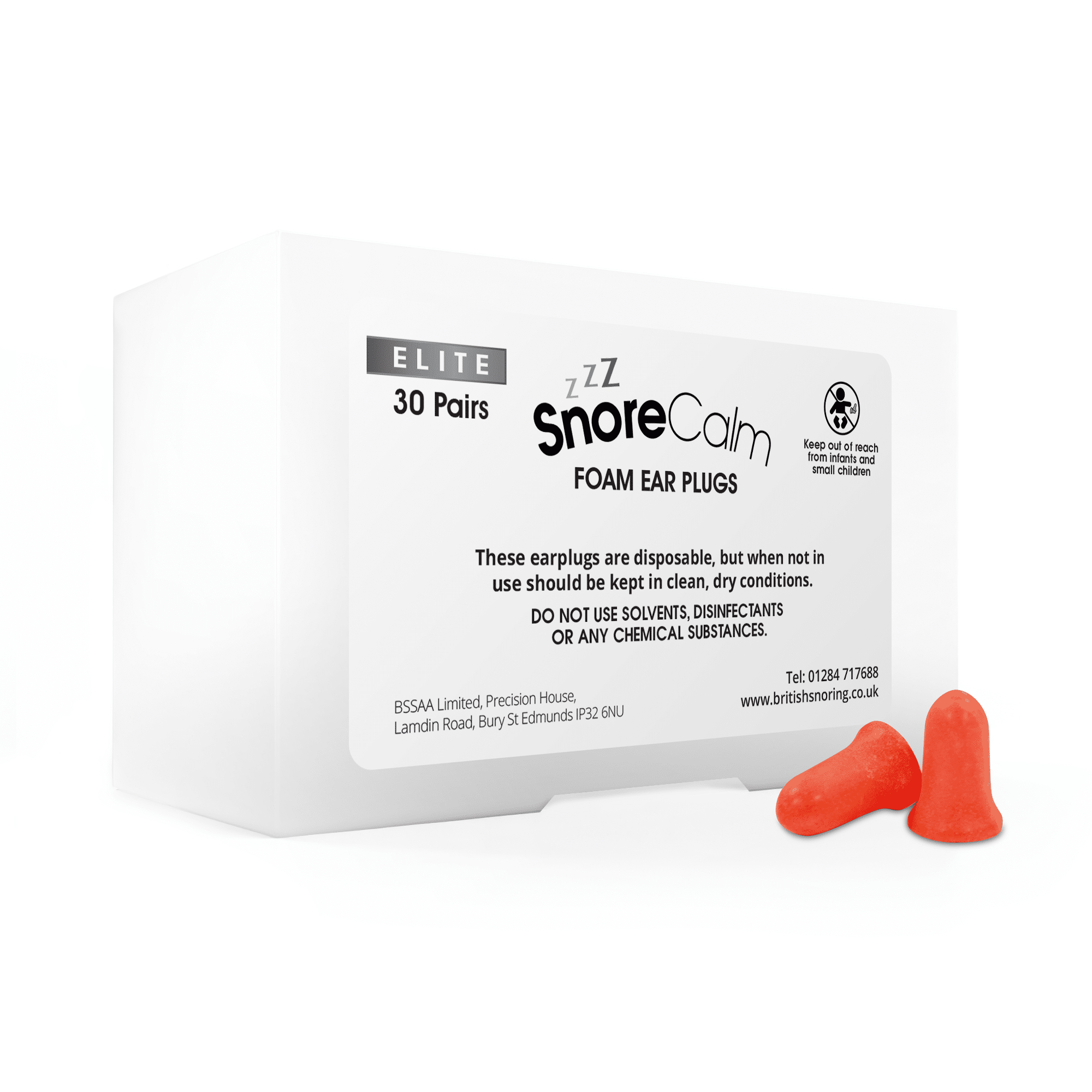Snore calm elite foam ear plugs packaging x30